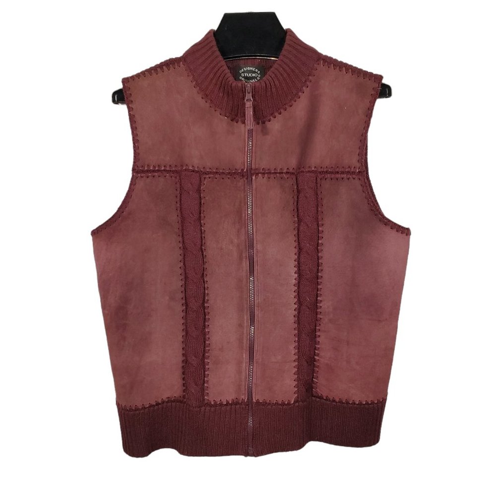 Designers Studio Cable Knit Suede Leather Vest Full Zip Burgundy Wine Ribbed